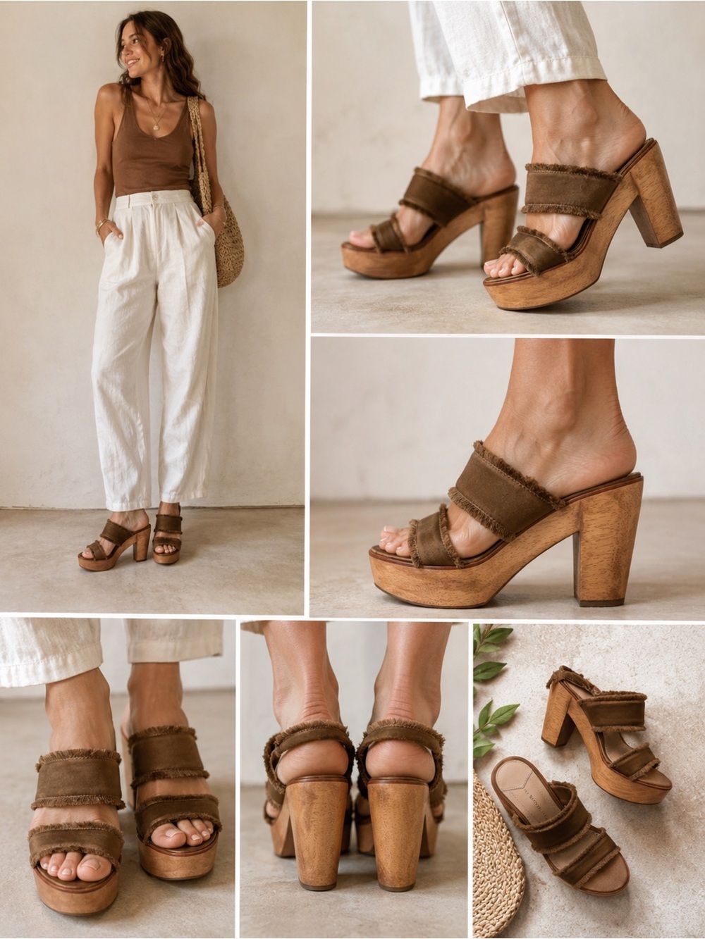 10 Crosby Derek Lam Platform Mule Sandals 7M Brown Fringe Wood Heel Boho Granola - Picture 2 of 10